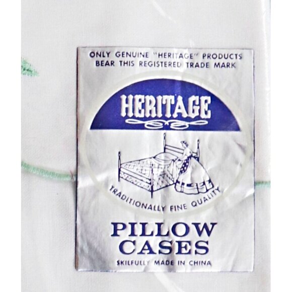 Vintage Green Applique Embroidered Pillowcases NOS Heritage Cottagecore - Picture 3 of 4